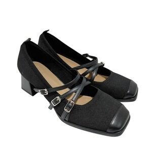 Cosy Island Black Knit Mary Jane Triple Buckle Block Heel Square Toe Pump Size 7